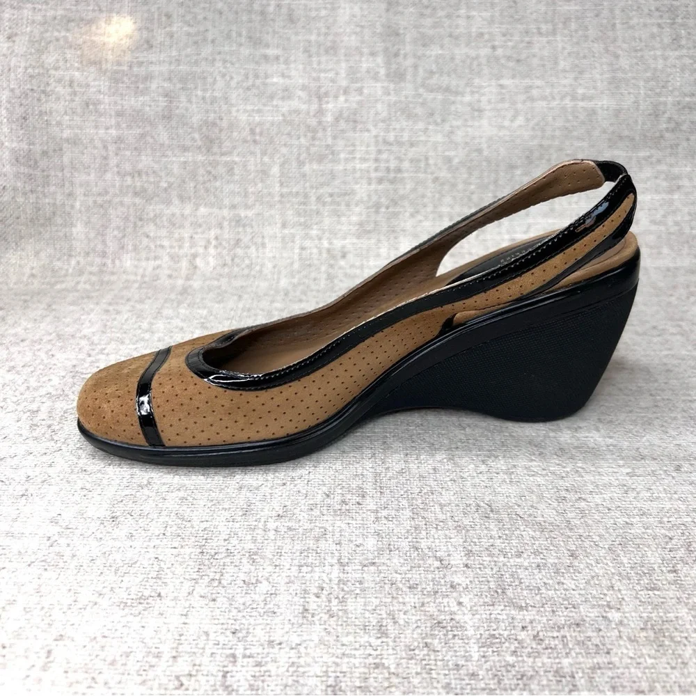 Cole Haan tan perforated suede & black patent‎ wedges heels size 6.5B slingback